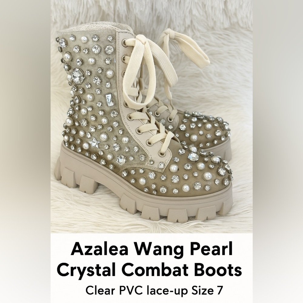 Azalea Wang Pearl Crystal Combat Boots | Clear PVC Lace-Up Size 7